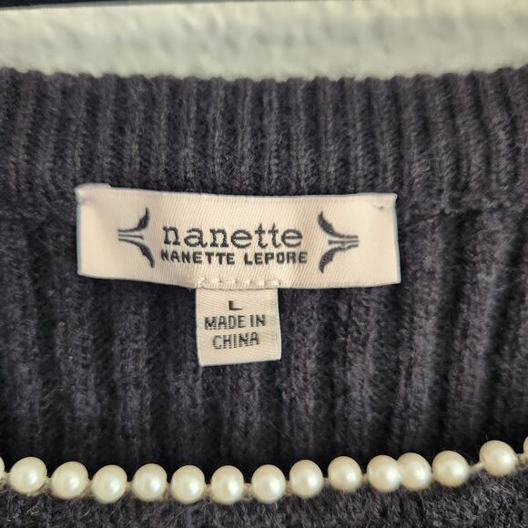 Nanette Lapore Women's Size Large Square Pearl Neck Puff Long Sleeve Sweater New - Picture 2 of 4